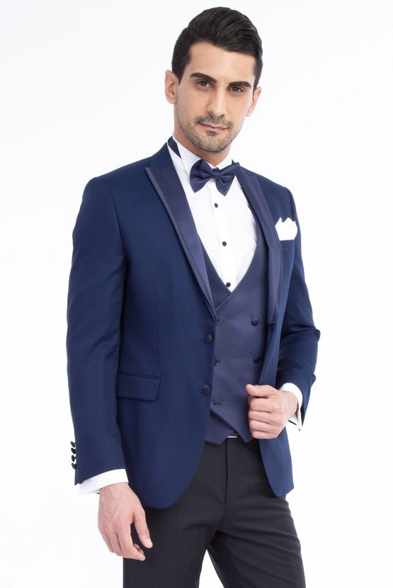 Erkek Giyim - Slim Fit Desenli Yelekli Smokin / Damatlık