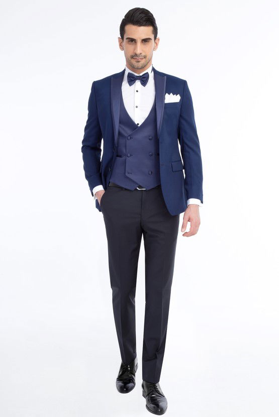 Erkek Giyim - Slim Fit Desenli Yelekli Smokin / Damatlık