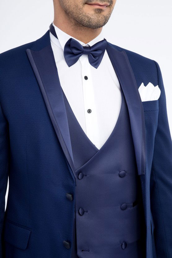 Erkek Giyim - Slim Fit Desenli Yelekli Smokin / Damatlık