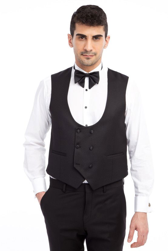 Erkek Giyim - Slim Fit Şal Yaka Desenli Yelekli Smokin / Damatlık