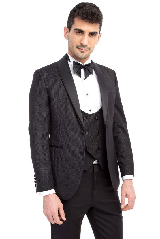 Erkek Giyim - Slim Fit Şal Yaka Desenli Yelekli Smokin / Damatlık