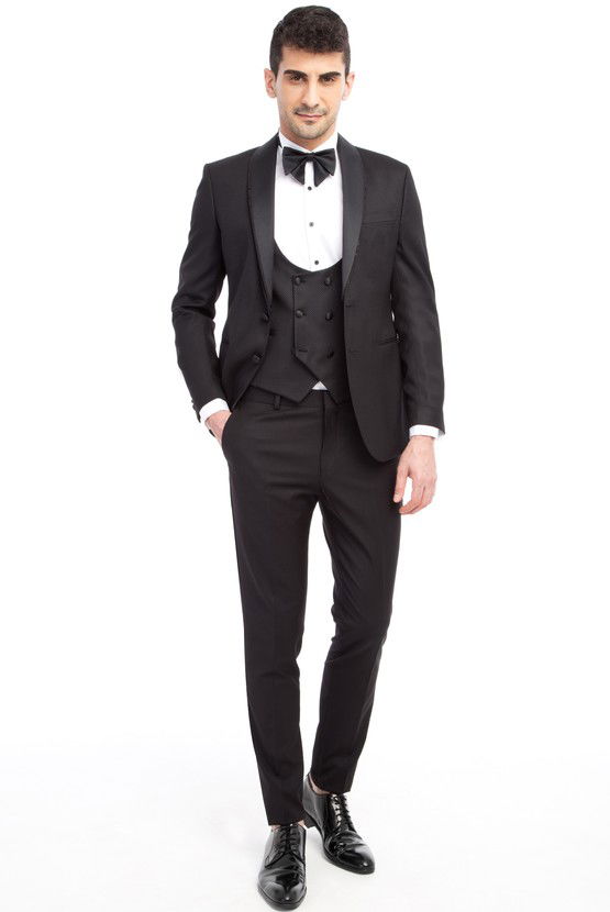 Erkek Giyim - Slim Fit Şal Yaka Desenli Yelekli Smokin / Damatlık