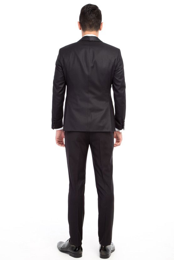 Erkek Giyim - Slim Fit Şal Yaka Desenli Yelekli Smokin / Damatlık