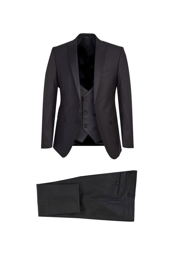 Erkek Giyim - Slim Fit Sivri Yaka Yelekli Smokin / Damatlık