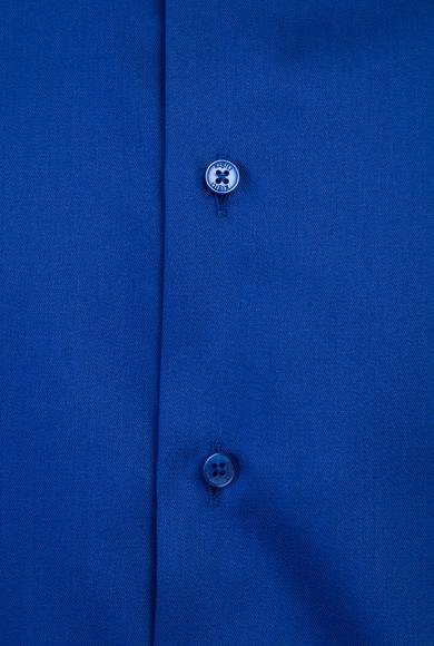 Erkek Giyim - SAKS MAVİ XS Beden Uzun Kol Slim Fit Dar Kesim Non Iron Saten Klasik Pamuklu Gömlek