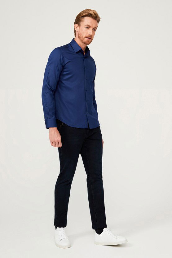Erkek Giyim - Uzun Kol Slim Fit Dar Kesim Non Iron Saten Pamuklu Gömlek