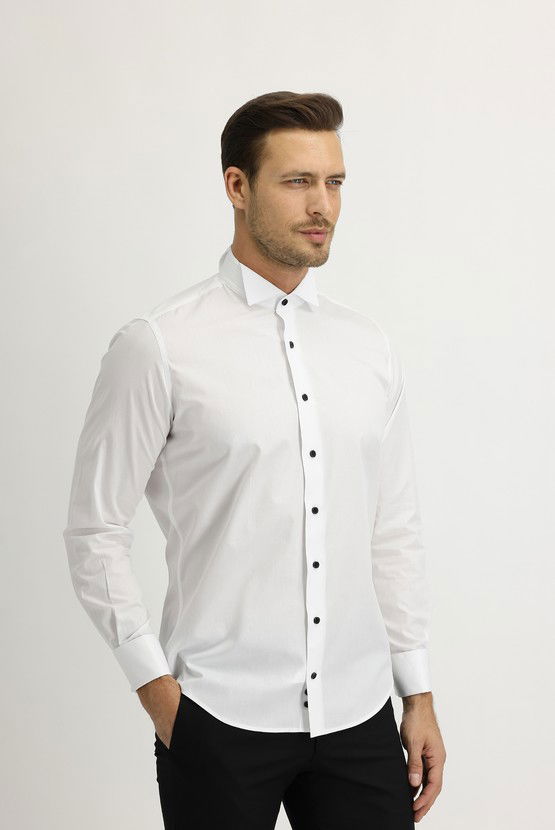 Erkek Giyim - Uzun Kol Ata Yaka Slim Fit Dar Kesim Pamuk Gömlek
