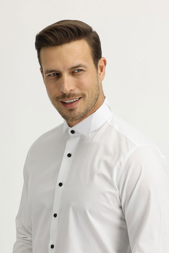 Erkek Giyim - Uzun Kol Ata Yaka Slim Fit Dar Kesim Pamuk Gömlek