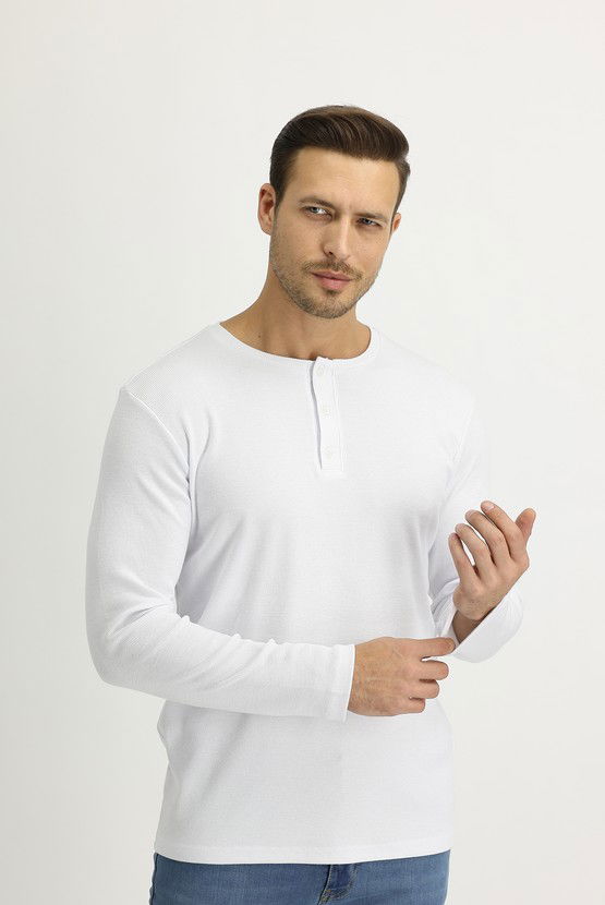 Erkek Giyim - Bisiklet Yaka Düğmeli Slim Fit Sweatshirt