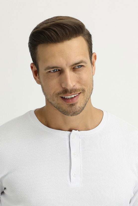 Erkek Giyim - Bisiklet Yaka Düğmeli Slim Fit Sweatshirt