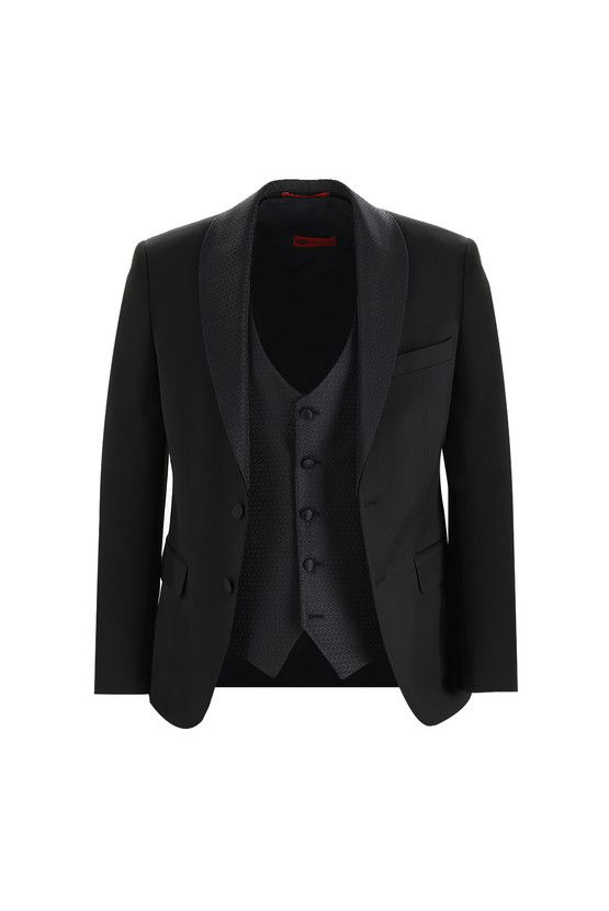 Erkek Giyim - Slim Fit Dar Kesim Şal Yaka Yelekli Smokin & Damatlık