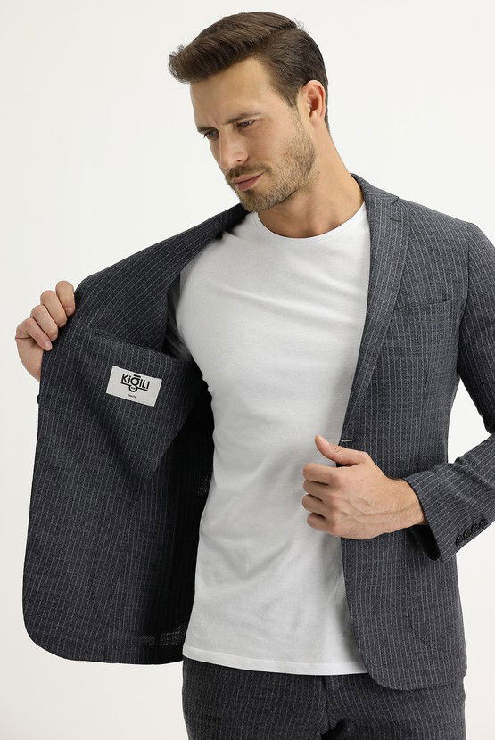 Erkek Giyim - Slim Fit Dar Kesim Yünlü Çizgili Spor Ceket
