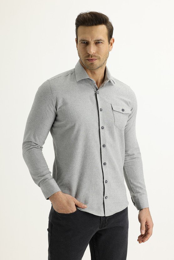 Erkek Giyim - Uzun Kol Slim Fit Dar Kesim Oduncu Spor Pamuklu Gömlek
