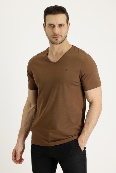 Erkek Giyim - TABA XXL Beden V Yaka Slim Fit Dar Kesim Nakışlı Pamuklu Tişört