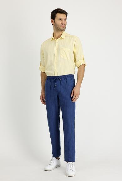 Erkek Giyim - KOYU LACİVERT 50 Beden Slim Fit Dar Kesim Beli Lastikli İpli Çizgili Keten Pantolon