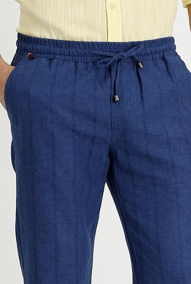 Erkek Giyim - KOYU LACİVERT 50 Beden Slim Fit Dar Kesim Beli Lastikli İpli Çizgili Keten Pantolon