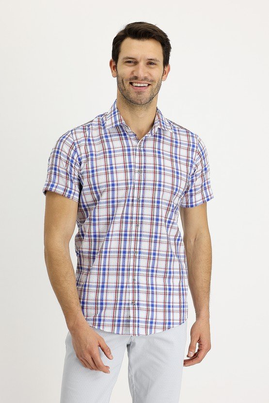 Erkek Giyim - Kısa Kol Slim Fit Ekose Pamuklu Gömlek
