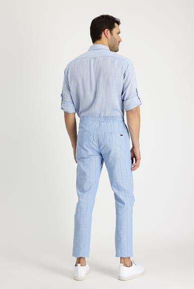 Erkek Giyim - MAVİ 50 Beden Slim Fit Dar Kesim Beli Lastikli İpli Çizgili Keten Pantolon