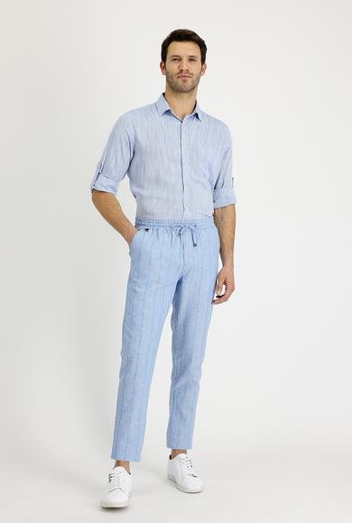Erkek Giyim - MAVİ 50 Beden Slim Fit Dar Kesim Beli Lastikli İpli Çizgili Keten Pantolon