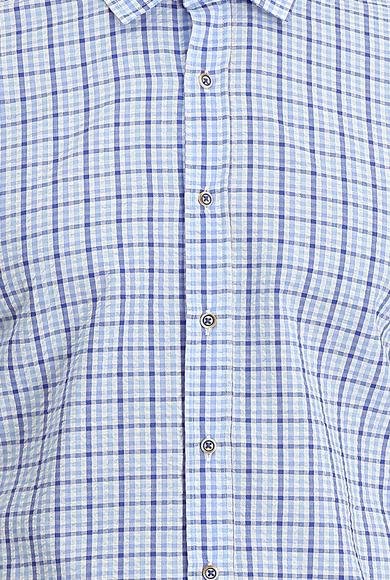 Erkek Giyim - AÇIK MAVİ M Beden Kısa Kol Slim Fit Dar Kesim Ekose Pamuklu Gömlek