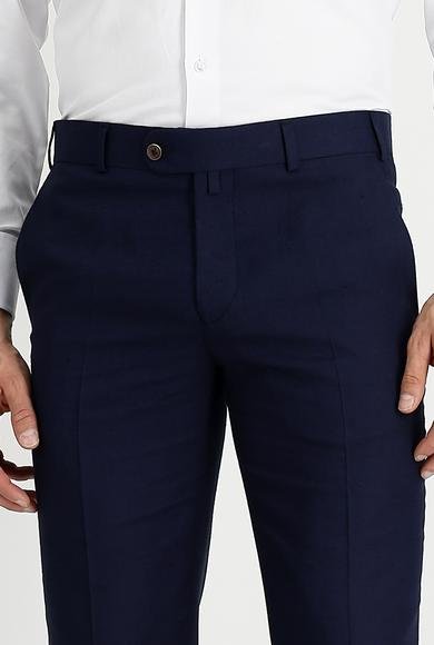 Erkek Giyim - KOYU LACİVERT 48 Beden Slim Fit Dar Kesim Klasik Keten Kumaş Pantolon