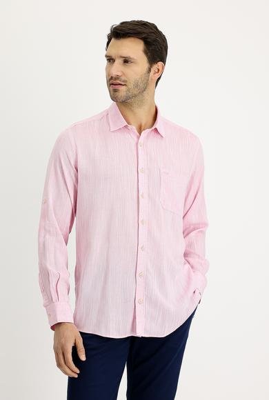 Erkek Giyim - ORTA PEMBE XL Beden Uzun Kol Regular Fit Desenli Keten Gömlek