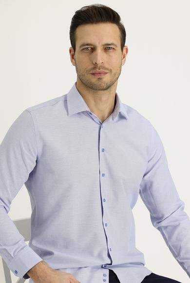 Erkek Giyim - GÖK MAVİSİ M Beden Uzun Kol Slim Fit Dar Kesim Klasik Desenli Pamuklu Gömlek