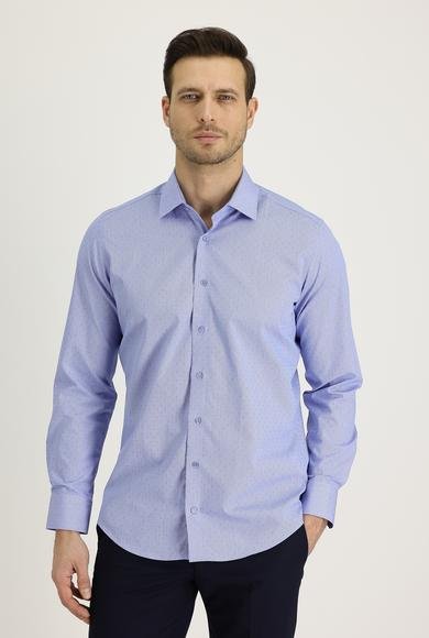 Erkek Giyim - AÇIK MAVİ S Beden Uzun Kol Slim Fit Dar Kesim Desenli Pamuk Gömlek