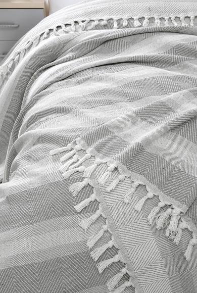 Erkek Giyim - ORTA GRİ MELANJ  Beden Çizgi Desenli Pamuklu Yatak Örtüsü