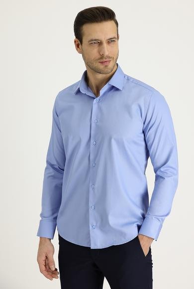 Erkek Giyim - AÇIK MAVİ S Beden Uzun Kol Slim Fit Dar Kesim Non Iron Saten Pamuklu Gömlek