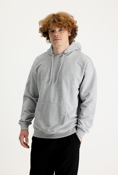 Erkek Giyim - AÇIK GRİ MELANJ 3X Beden Kapüşonlu Oversize Pamuklu Sweatshirt
