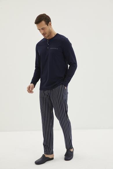 Erkek Giyim - KOYU LACİVERT XL Beden Uzun Kollu Patlı Çizgili 2'li Pamuk Pijama Takımı
