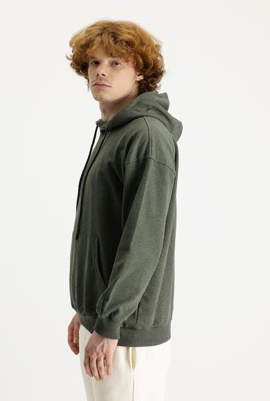 Erkek Giyim - ORTA HAKİ 3X Beden Kapüşonlu Oversize Pamuklu Sweatshirt