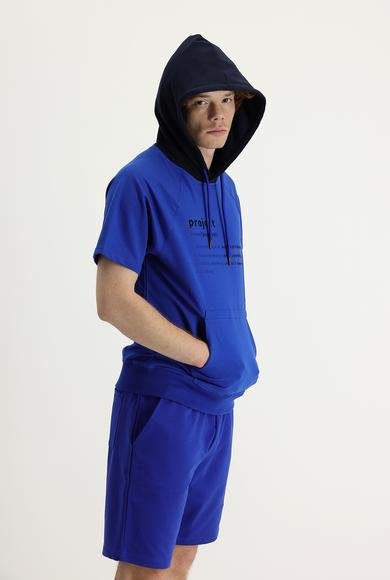 Erkek Giyim - SAKS MAVİ XXL Beden Kapüşonlu Yarım Kol Baskılı Pamuklu Sweatshirt