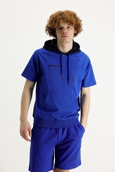 Erkek Giyim - SAKS MAVİ XXL Beden Kapüşonlu Yarım Kol Baskılı Pamuklu Sweatshirt