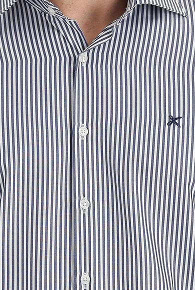 Erkek Giyim - ORTA LACİVERT XXL Beden Uzun Kol Slim Fit Dar Kesim Klasik Çizgili Pamuklu Gömlek