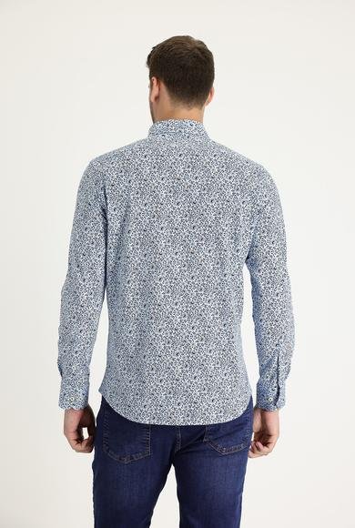 Erkek Giyim - AÇIK MAVİ XS Beden Uzun Kol Slim Fit Dar Kesim Baskılı Pamuk Gömlek