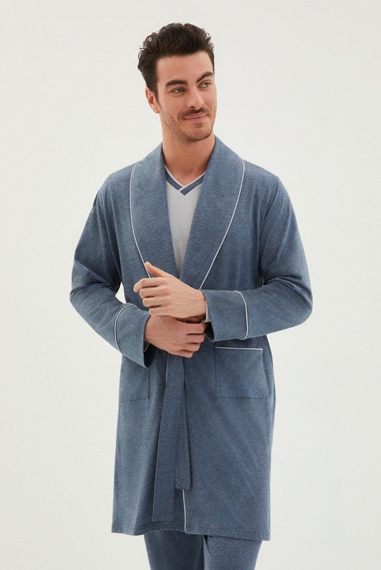 Erkek Giyim - Penye Roblu Çift V Yaka Omuzda Zincir Dikişli 3'lü Pamuk Pijama Takımı