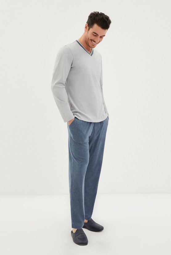 Erkek Giyim - Penye Roblu Çift V Yaka Omuzda Zincir Dikişli 3'lü Pamuk Pijama Takımı