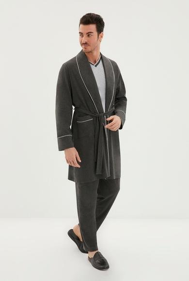 Erkek Giyim - AÇIK GRİ MELANJ S Beden 3'lü Penye Roblu Çift V Yaka Omuzda Zincir Dikişli Pamuklu Pijama Takımı