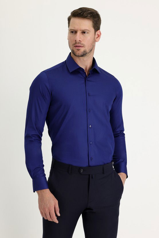 Erkek Giyim - Uzun Kol Slim Fit Dar Kesim Non Iron Saten Pamuklu Gömlek