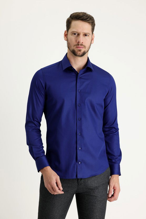 Erkek Giyim - Uzun Kol Slim Fit Dar Kesim Non Iron Saten Pamuklu Gömlek