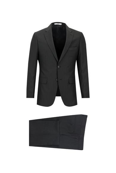 Erkek Giyim - SİYAH 56 Beden Slim Fit Dar Kesim Klasik Çizgili Takım Elbise