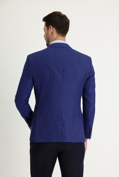 Erkek Giyim - KOYU MAVİ 56 Beden Super Slim Fit Ekstra Dar Kesim Klasik Desenli Yünlü Keten Ceket