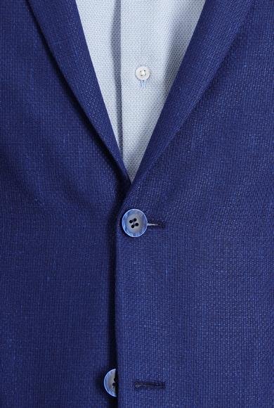 Erkek Giyim - KOYU MAVİ 56 Beden Super Slim Fit Ekstra Dar Kesim Klasik Desenli Yünlü Keten Ceket
