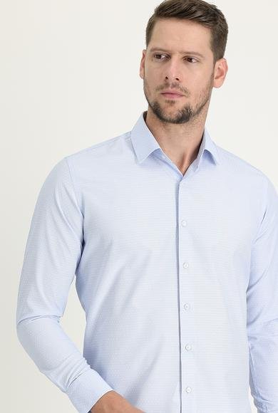 Erkek Giyim - UÇUK MAVİ XL Beden Uzun Kol Slim Fit Dar Kesim Desenli Oxford Gömlek
