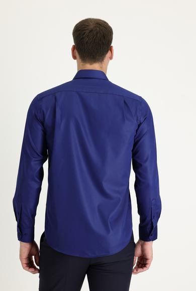 Erkek Giyim - ORTA LACİVERT M Beden Uzun Kol Non Iron Saten Klasik Pamuklu Gömlek