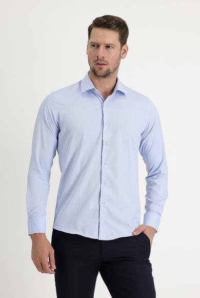 Erkek Giyim - AÇIK MAVİ M Beden Uzun Kol Slim Fit Dar Kesim Çizgili Pamuklu Gömlek