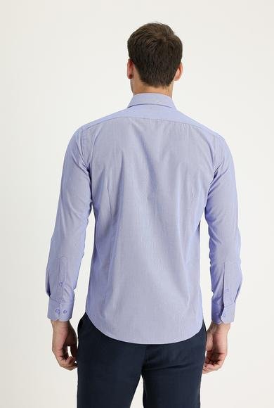 Erkek Giyim - KOYU MAVİ M Beden Uzun Kol Slim Fit Dar Kesim Desenli Pamuklu Gömlek