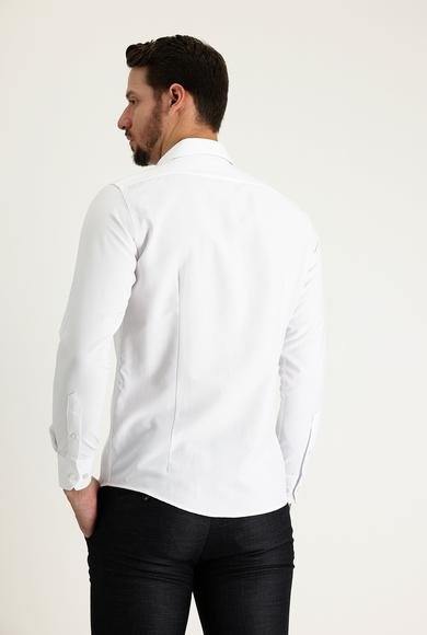 Erkek Giyim - BEYAZ M Beden Uzun Kol Slim Fit Dar Kesim Desenli Oxford Pamuklu Gömlek